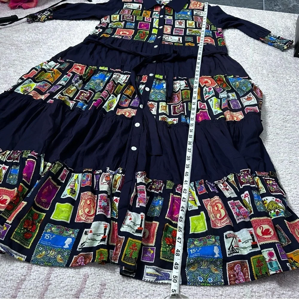 RubyYaya Tiered Postage Stamp Maxi Dress 3/4 Sleeves Button Front Belted Small - Picture 13 of 15